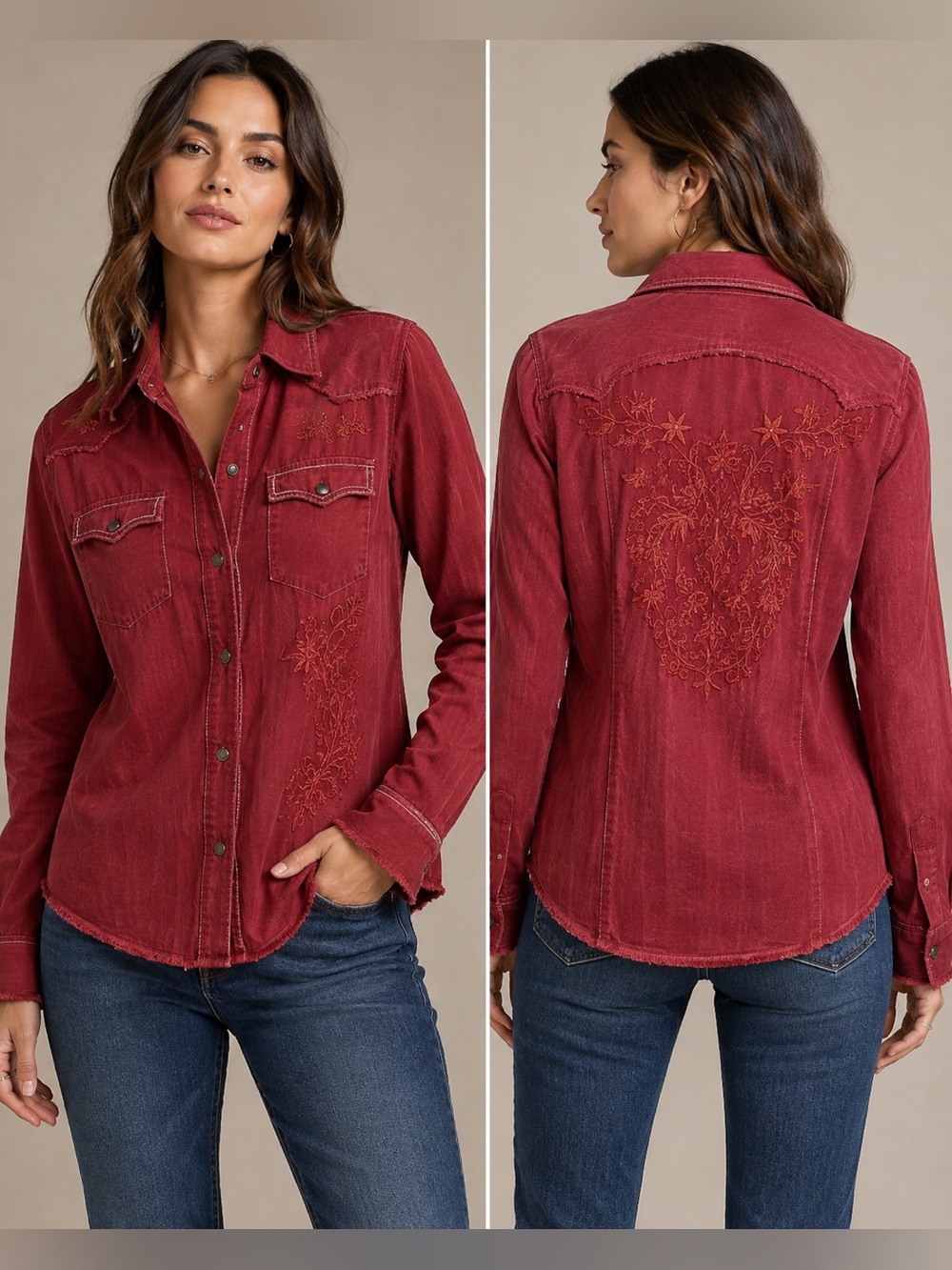 Duo 100% Cotton Burgundy Western Embroidered Button-Up Shirt